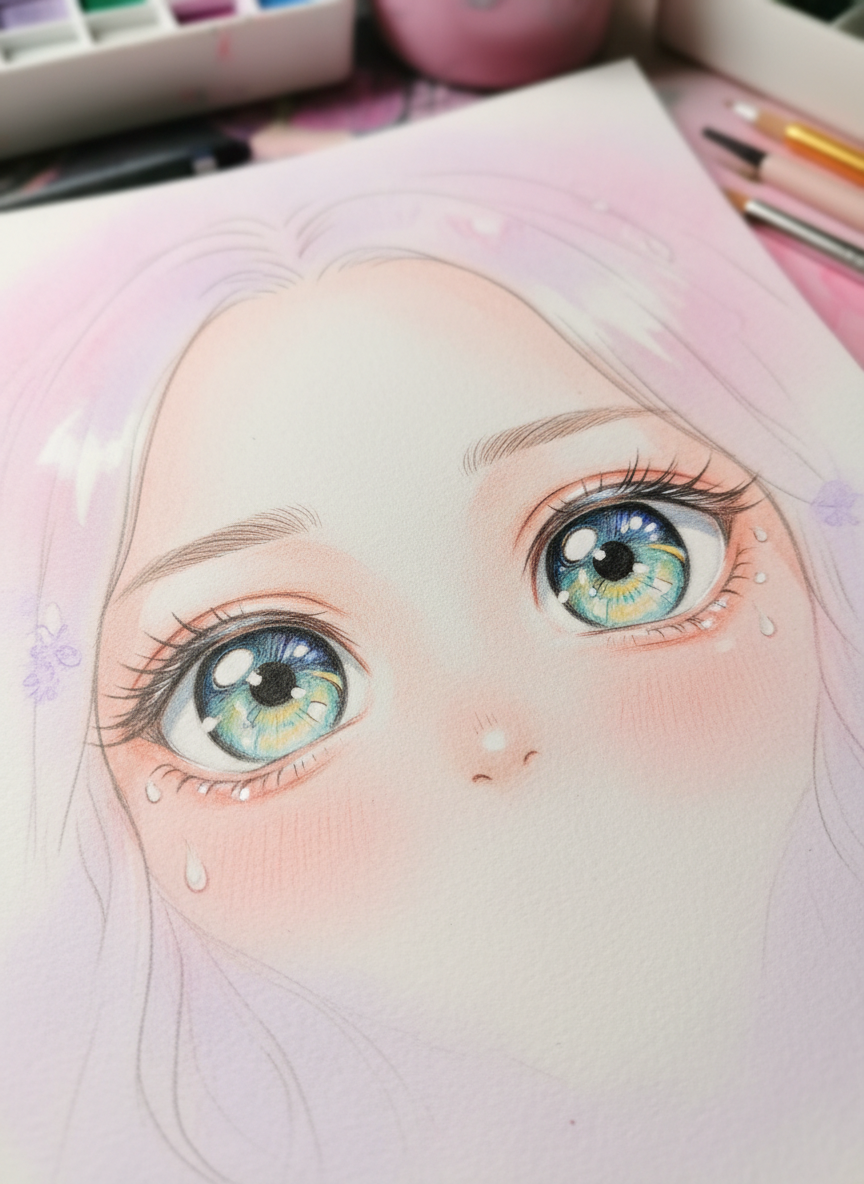 

<h2>2. Olhos Grandes e Brilhantes</h2>
<p>” class=”wp-image-ai” style=”width: 100%; height: auto; border-radius: 12px; margin: 24px 0; box-shadow: 0 4px 6px -1px rgb(0 0 0 / 0.1);” /></p></div>
<p><p>A regra de ouro do estilo kawaii são os olhos desproporcionalmente grandes. Desenhe dois círculos pretos e adicione pequenos círculos brancos dentro para criar um brilho adorável. Isso imediatamente dá vida e inocência ao seu desenho.</p>
</p>
<h2>3. </p>
<h2>3. Aplique as Proporções Chibi</h2>
</h2>
<div class=