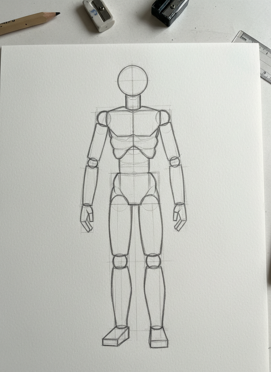 

<h2>2. Comece com formas geométricas básicas</h2>
<p>” class=”wp-image-ai” style=”width: 100%; height: auto; border-radius: 12px; margin: 24px 0; box-shadow: 0 4px 6px -1px rgb(0 0 0 / 0.1);” /></p></div>
<p><p>Todo personagem complexo pode ser reduzido a formas simples. Use círculos para a cabeça, cilindros para os braços e pernas, e trapézios para o tronco. Isso ajuda a estabelecer a base e a manter as proporções corretas desde o início sem se perder nos detalhes.</p>
</p>
<h2>3. </p>
<h2>3. Defina a linha de ação</h2>
</h2>
<div class=