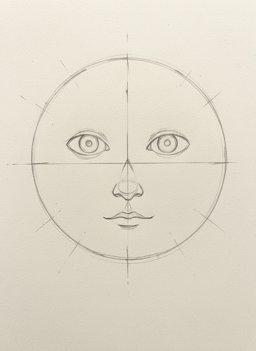 

<h2>5. Esboce a estrutura facial</h2>
<p>” class=”wp-image-ai” style=”width: 100%; height: auto; border-radius: 12px; margin: 24px 0; box-shadow: 0 4px 6px -1px rgb(0 0 0 / 0.1);” /></p></div>
<p><p>Desenhe um círculo para o crânio e adicione uma linha vertical para o centro do rosto e linhas horizontais para os olhos, nariz e boca. Essa grade facial é o grande segredo para desenhar rostos simétricos, alinhados e esteticamente agradáveis.</p>
</p>
<h2>6. </p>
<h2>6. Desenhe olhos expressivos</h2>
</h2>
<div class=