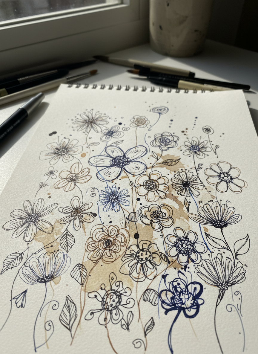 

<h2>9. Flores Abstratas</h2>
<p>” class=”wp-image-ai” style=”width: 100%; height: auto; border-radius: 12px; margin: 24px 0; box-shadow: 0 4px 6px -1px rgb(0 0 0 / 0.1);” /></p></div>
<p><p>Não se preocupe com proporções reais. Desenhe círculos desordenados com pétalas irregulares. É uma excelente forma de soltar a mão e a mente.</p>
</p>
<h2>10. </p>
<h2>10. Padrões de Xadrez</h2>
</h2>
<div class=