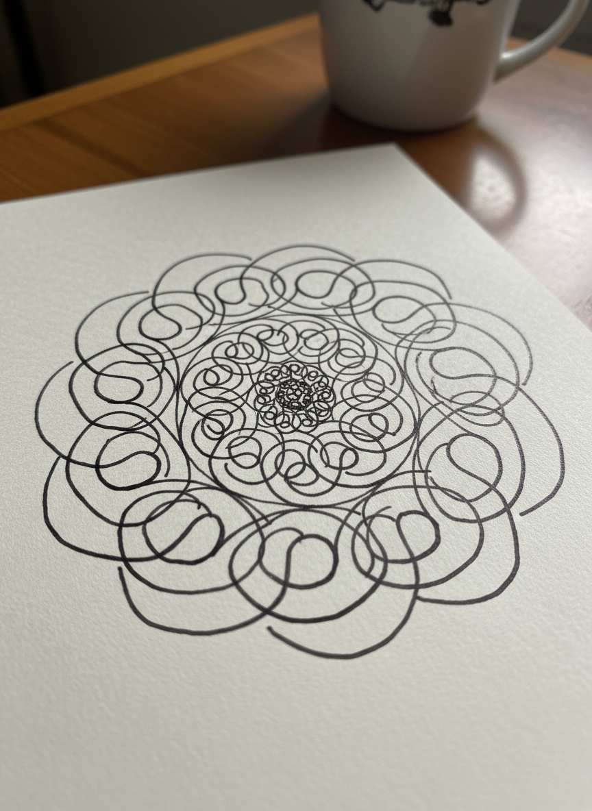 

<h2>11. Espirais Infinitas</h2>
<p>” class=”wp-image-ai” style=”width: 100%; height: auto; border-radius: 12px; margin: 24px 0; box-shadow: 0 4px 6px -1px rgb(0 0 0 / 0.1);” /></p></div>
<p><p>Comece do centro e vá girando a caneta em direção às bordas. As espirais simbolizam crescimento e evolução, sendo um exercício motor muito relaxante.</p>
</p>
<h2>12. </p>
<h2>12. Xícaras de Café</h2>
</h2>
<div class=