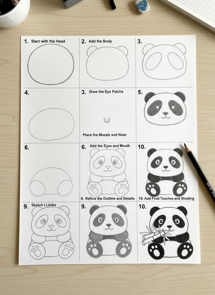 

<h2>4. Panda Comendo Bambu</h2>
<p>” class=”wp-image-ai” style=”width: 100%; height: auto; border-radius: 12px; margin: 24px 0; box-shadow: 0 4px 6px -1px rgb(0 0 0 / 0.1);” /></p></div>
<p><p>O panda requer círculos interligados. Desenhe o rosto redondo e marque manchas pretas grandes ao redor dos olhos. Desenhe o corpinho rechonchudo sentado, segurando um pequeno bambu cilíndrico com as patas. Preencha as orelhas, braços e pernas com um lápis escuro.</p>
</p>
<h2>5. </p>
<h2>5. Pinguim Bebê Gordinho</h2>
</h2>
<div class=