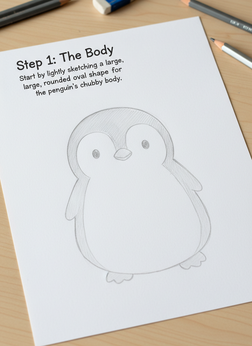 

<h2>5. Pinguim Bebê Gordinho</h2>
<p>” class=”wp-image-ai” style=”width: 100%; height: auto; border-radius: 12px; margin: 24px 0; box-shadow: 0 4px 6px -1px rgb(0 0 0 / 0.1);” /></p></div>
<p><p>Esboce uma forma de pêndulo ou uma gota arredondada. Desenhe um formato de coração suave na área do rosto para separar a marcação preta da branca. Adicione olhos grandes e brilhantes, um bico pequeno e triangular, e as asinhas curtas abertas nas laterais.</p>
</p>
<h2>6. </p>
<h2>6. Raposinha Enrolada</h2>
</h2>
<div class=