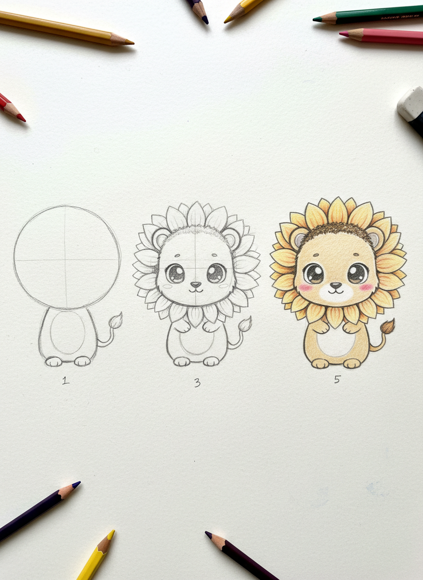 

<h2>11. Leãozinho com Juba de Girassol</h2>
<p>” class=”wp-image-ai” style=”width: 100%; height: auto; border-radius: 12px; margin: 24px 0; box-shadow: 0 4px 6px -1px rgb(0 0 0 / 0.1);” /></p></div>
<p><p>Para um leãozinho fofo, a cabeça deve ser grande. A juba pode ser desenhada usando formas que lembram pétalas de girassol largas ao redor do rosto. Faça um corpo bem miudinho para contrastar com a grande e majestosa cabeleira.</p>
</p>
<h2>12. </p>
<h2>12. Tigre Bebê Desbravador</h2>
</h2>
<div class=