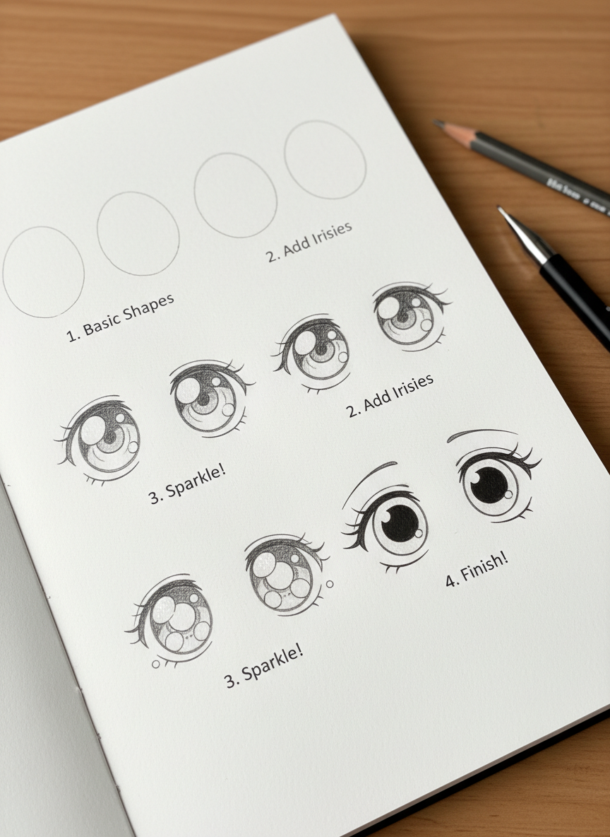 

<h2>3. Olhos Estilo Chibi (Super Fofos e Exagerados)</h2>
<p>” class=”wp-image-ai” style=”width: 100%; height: auto; border-radius: 12px; margin: 24px 0; box-shadow: 0 4px 6px -1px rgb(0 0 0 / 0.1);” /></p></div>
<p><p>No estilo Chibi, as proporções são exageradas para fofura máxima. Os olhos ocupam quase metade do rosto! Desenhe-os como grandes ovais verticais com reflexos de luz gigantescos e pouquíssimos detalhes ao redor. A simplicidade e o brilho intenso são os segredos aqui.</p>
</p>
<h2>4. </p>
<h2>4. Olhos de Vilão (Caídos e Sombrios)</h2>
</h2>
<div class=