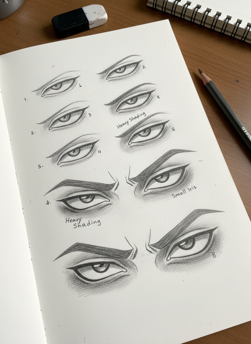 

<h2>4. Olhos de Vilão (Caídos e Sombrios)</h2>
<p>” class=”wp-image-ai” style=”width: 100%; height: auto; border-radius: 12px; margin: 24px 0; box-shadow: 0 4px 6px -1px rgb(0 0 0 / 0.1);” /></p></div>
<p><p>Para desenhar o olhar de um antagonista, crie pálpebras levemente caídas no canto interno e sobrancelhas bem arqueadas. A íris deve ser desenhada menor, não tocando as pálpebras superior e inferior, com um sombreamento pesado na parte superior para criar um aspecto ameaçador.</p>
</p>
<h2>5. </p>
<h2>5. Olhos Surpresos (Íris Pequenas e Sem Brilho)</h2>
</h2>
<div class=