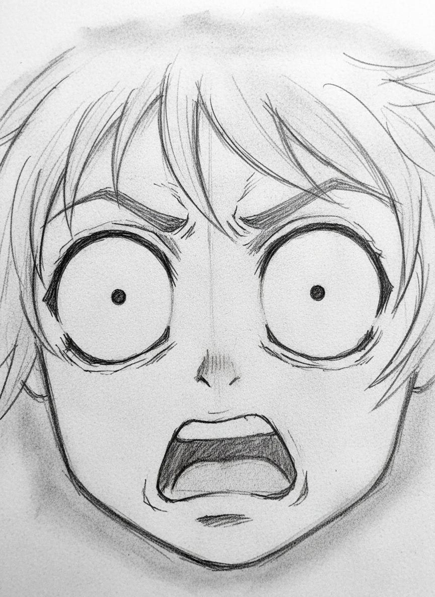 

<h2>5. Olhos Surpresos (Íris Pequenas e Sem Brilho)</h2>
<p>” class=”wp-image-ai” style=”width: 100%; height: auto; border-radius: 12px; margin: 24px 0; box-shadow: 0 4px 6px -1px rgb(0 0 0 / 0.1);” /></p></div>
<p><p>A surpresa ou o estado de choque são fáceis de representar no anime. Abra bastante o contorno do olho e desenhe a íris como um pequeno círculo ou ponto no centro, flutuando no espaço branco. Remova os reflexos de luz para intensificar a sensação de choque repentino.</p>
</p>
<h2>6. </p>
<h2>6. Olhos Felizes (Em Formato de Arco)</h2>
</h2>
<div class=