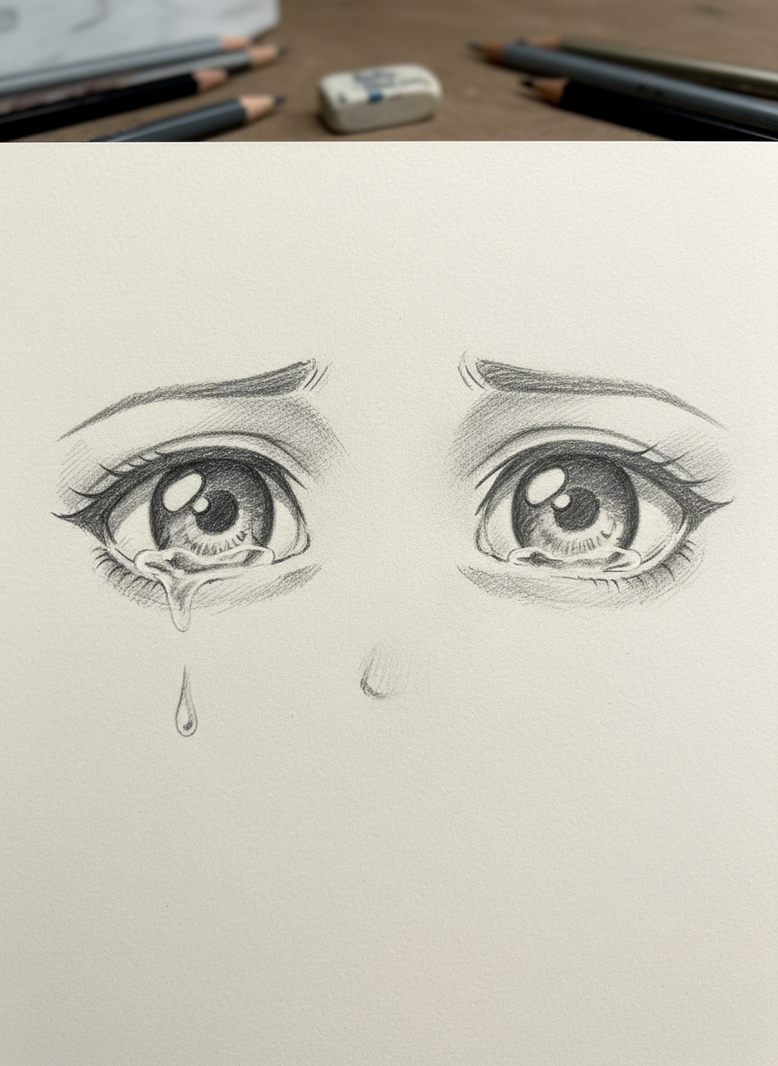 

<h2>7. Olhos Tristes (Sobrancelhas Invertidas e Lágrimas)</h2>
<p>” class=”wp-image-ai” style=”width: 100%; height: auto; border-radius: 12px; margin: 24px 0; box-shadow: 0 4px 6px -1px rgb(0 0 0 / 0.1);” /></p></div>
<p><p>Para desenhar um olhar triste, incline os cantos externos dos olhos levemente para baixo e faça as sobrancelhas levantadas no centro da testa. Adicione brilhos trêmulos e irregulares na parte inferior da íris para dar a impressão de que os olhos estão marejados.</p>
</p>
<h2>8. </p>
<h2>8. Olhos de Gato (Estilo Tsundere)</h2>
</h2>
<div class=