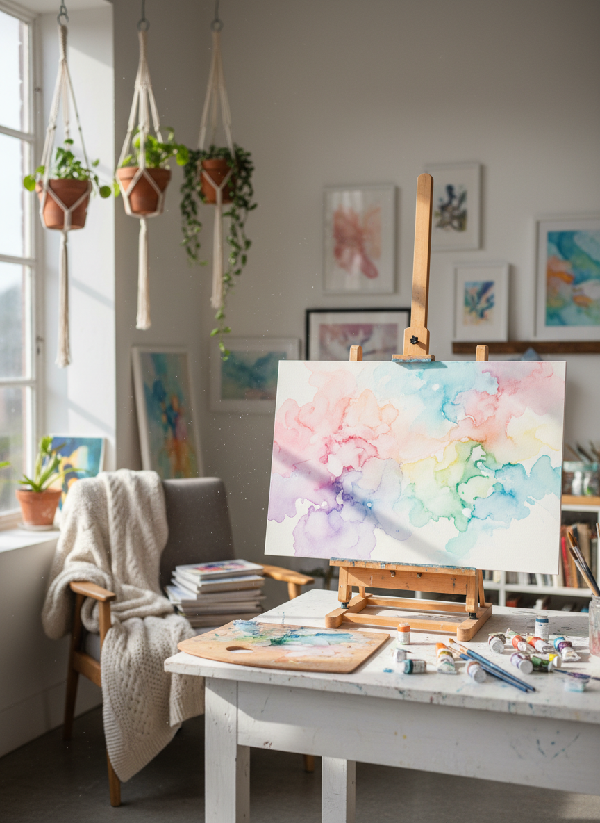 <h2>2. Aquarela Abstrata Intuitiva</h2>
<p>” class=”wp-image-ai” style=”width: 100%; height: auto; border-radius: 12px; margin: 24px 0; box-shadow: 0 4px 6px -1px rgb(0 0 0 / 0.1);” /></p></div>
<p><p>Molhe o papel e deixe as cores de aquarela se misturarem naturalmente. Não tente desenhar nada específico; apenas observe como a água carrega o pigmento. Essa fluidez é excelente para liberar o controle e relaxar.</p>
</p>
<h2>3. </p>
<h2>3. Colagem Minimalista Rápida</h2>
</h2>
<div class=