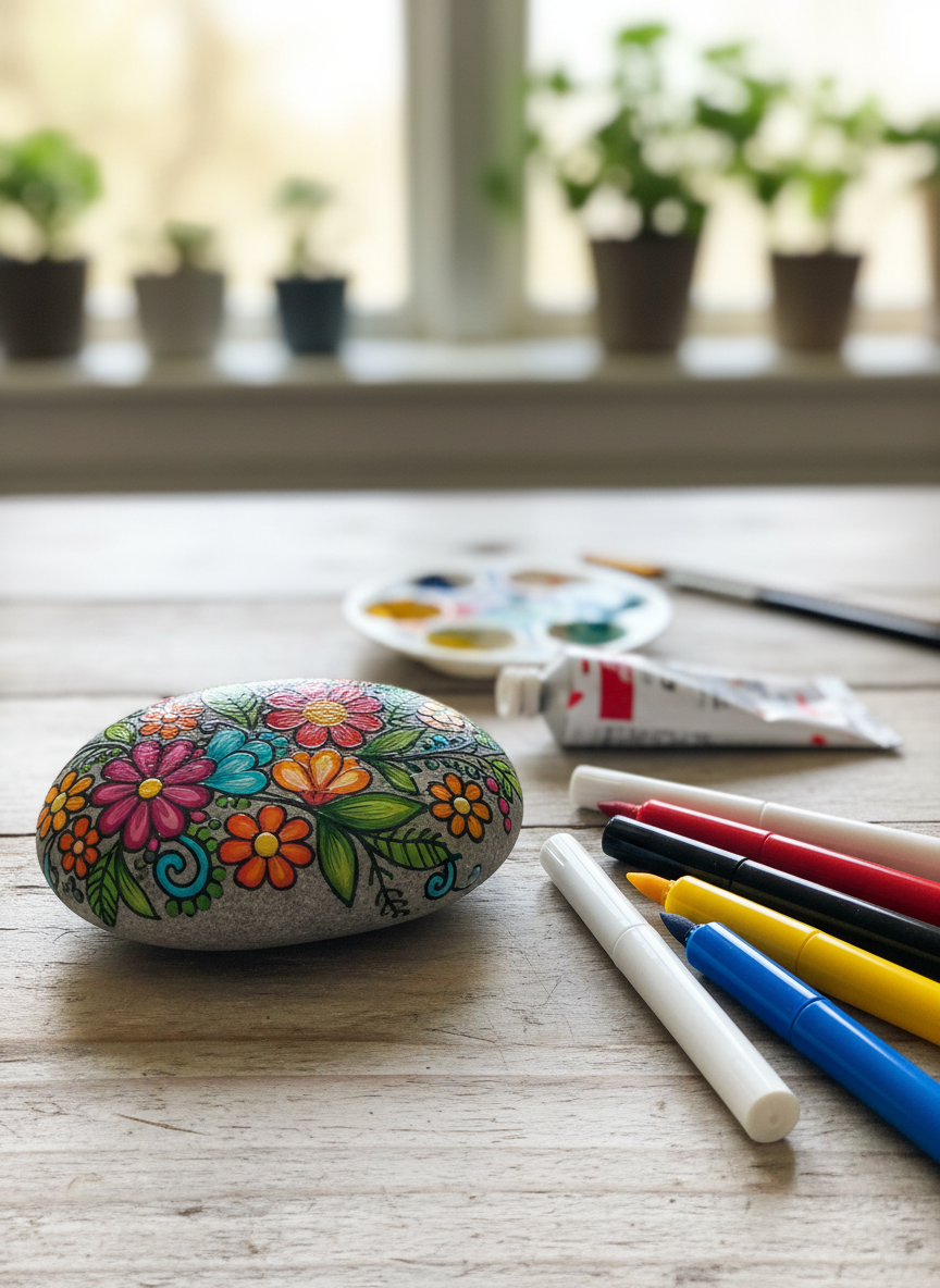 <h2>6. Pintura em Pedras</h2>
<p>” class=”wp-image-ai” style=”width: 100%; height: auto; border-radius: 12px; margin: 24px 0; box-shadow: 0 4px 6px -1px rgb(0 0 0 / 0.1);” /></p></div>
<p><p>Encontre uma pedra lisa no jardim e use tintas acrílicas ou canetas marcadoras para decorá-la. É uma conexão maravilhosa com a natureza e você pode criar pequenos amuletos de bolso.</p>
</p>
<h2>7. </p>
<h2>7. Esboço de Plantas Domésticas</h2>
</h2>
<div class=