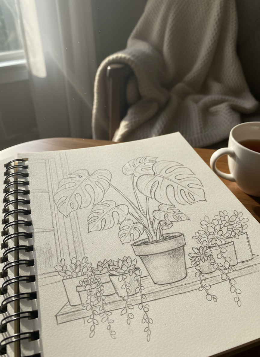 <h2>7. Esboço de Plantas Domésticas</h2>
<p>” class=”wp-image-ai” style=”width: 100%; height: auto; border-radius: 12px; margin: 24px 0; box-shadow: 0 4px 6px -1px rgb(0 0 0 / 0.1);” /></p></div>
<p><p>Olhe para uma planta na sua casa e faça um esboço rápido das suas folhas. Observar os detalhes orgânicos da natureza traz você para o momento presente e acalma a respiração.</p>
</p>
<h2>8. </p>
<h2>8. Diário de Cores Rápido</h2>
</h2>
<div class=