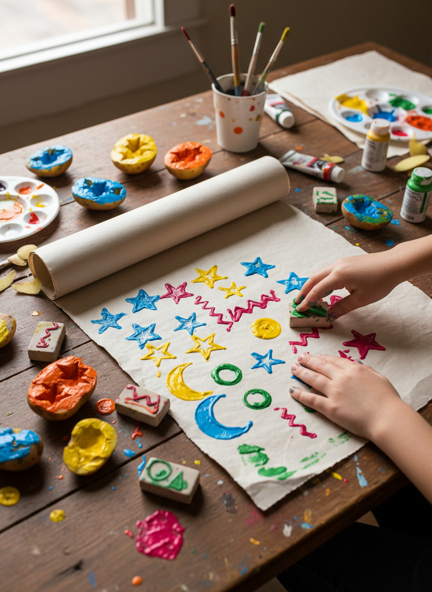 <h2>13. Carimbos Feitos em Casa</h2>
<p>” class=”wp-image-ai” style=”width: 100%; height: auto; border-radius: 12px; margin: 24px 0; box-shadow: 0 4px 6px -1px rgb(0 0 0 / 0.1);” /></p></div>
<p><p>Corte uma borracha escolar ou até mesmo uma batata em formatos simples e use tinta para carimbar repetidamente no papel. O ritmo do carimbo é lúdico e muito relaxante.</p>
</p>
<h2>14. </p>
<h2>14. Esfumaçado com Pastel Seco</h2>
</h2>
<div class=