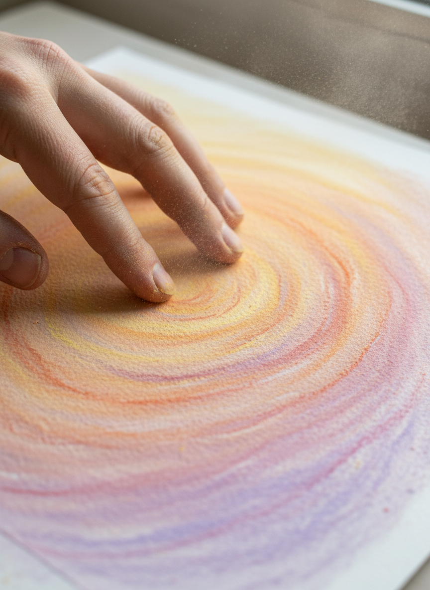 <h2>14. Esfumaçado com Pastel Seco</h2>
<p>” class=”wp-image-ai” style=”width: 100%; height: auto; border-radius: 12px; margin: 24px 0; box-shadow: 0 4px 6px -1px rgb(0 0 0 / 0.1);” /></p></div>
<p><p>Aplique giz pastel seco no papel e use os dedos para esfumar as cores. A experiência tátil de misturar o pó pigmentado com as próprias mãos é intensamente terapêutica.</p>
</p>
<h2>15. </p>
<h2>15. Desenho de Observação às Cegas</h2>
</h2>
<div class=