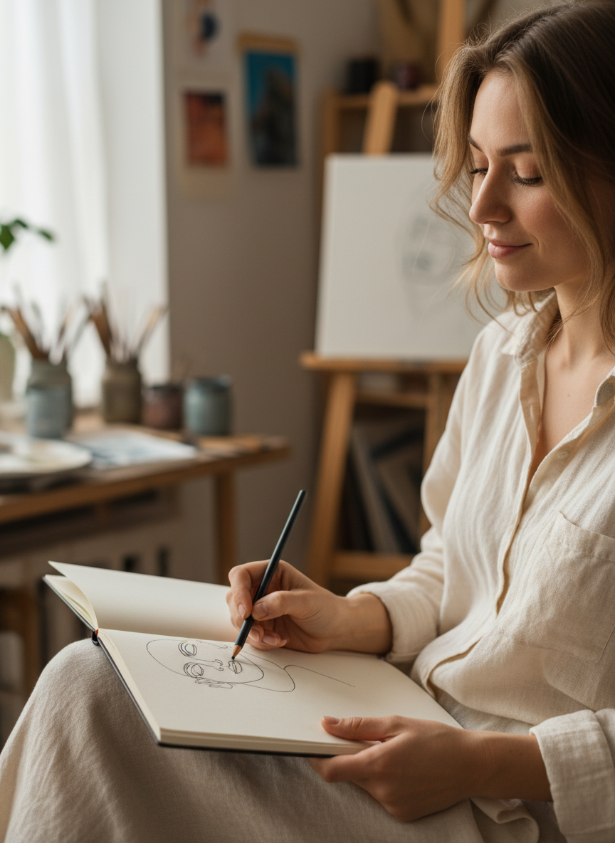 <h2>15. Desenho de Observação às Cegas</h2>
<p>” class=”wp-image-ai” style=”width: 100%; height: auto; border-radius: 12px; margin: 24px 0; box-shadow: 0 4px 6px -1px rgb(0 0 0 / 0.1);” /></p></div>
<p><p>Olhe para um objeto e tente desenhá-lo, mas com os olhos fechados. O foco vai inteiramente para a sua memória espacial e para a sensação física da mão em movimento.</p>
</p>
<h2>16. </p>
<h2>16. Lettering de Palavras Positivas</h2>
</h2>
<div class=