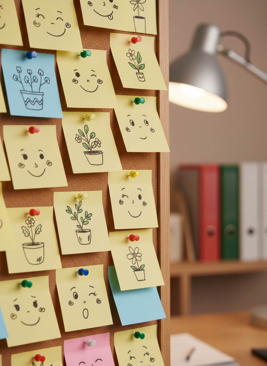 <h2>17. Rabiscos em Post-its</h2>
<p>” class=”wp-image-ai” style=”width: 100%; height: auto; border-radius: 12px; margin: 24px 0; box-shadow: 0 4px 6px -1px rgb(0 0 0 / 0.1);” /></p></div>
<p><p>Pegue um bloco de notas adesivas e desenhe um pequeno monstrinho, uma flor ou um padrão por folha. O tamanho reduzido tira a pressão de criar algo grande e demorado.</p>
</p>
<h2>18. </p>
<h2>18. Pintura de Nuvens</h2>
</h2>
<div class=